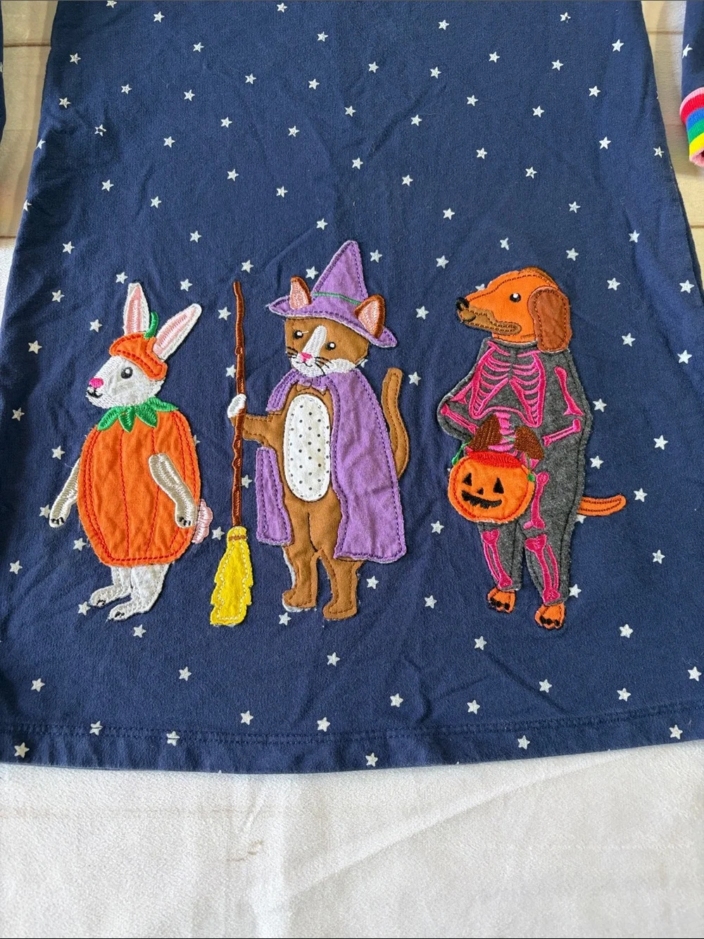 Mini Boden Kids Navy Star Halloween Swearshirt Dress with Animal Appliqués